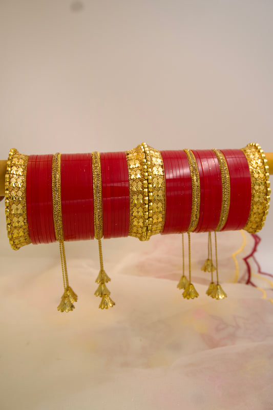 Laalima Bridal Chura – Light Red Elegance with Golden Glam