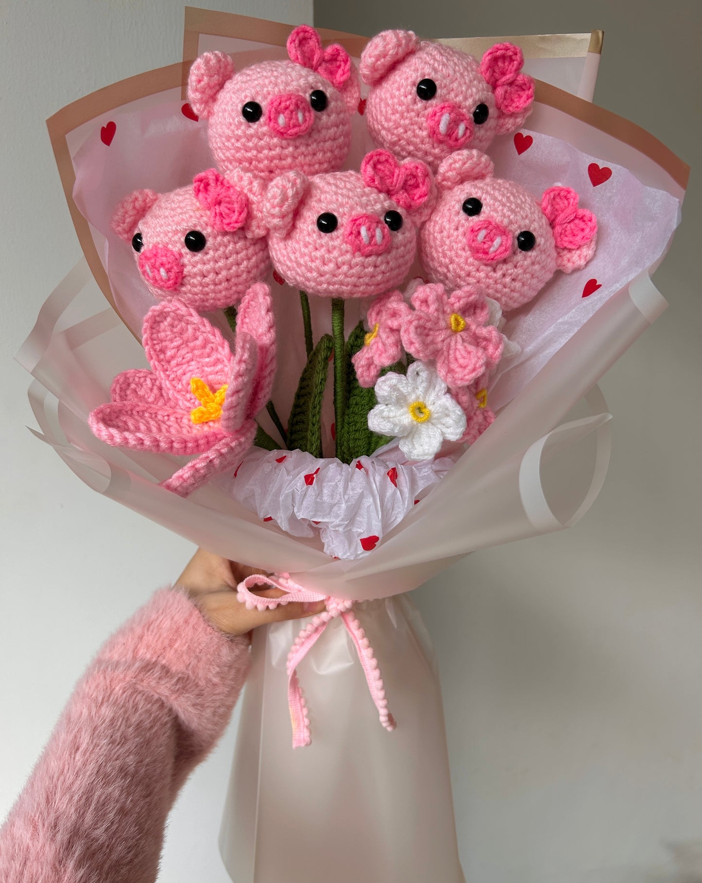 Handmade Crochet Piggy Bouquet – Whimsical Gift for Loved One