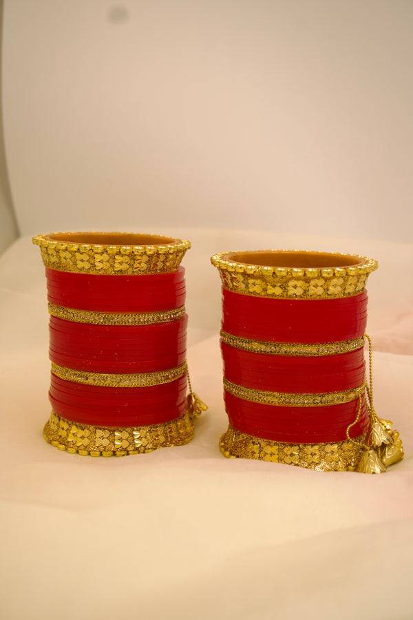 Laalima Bridal Chura – Light Red Elegance with Golden Glam