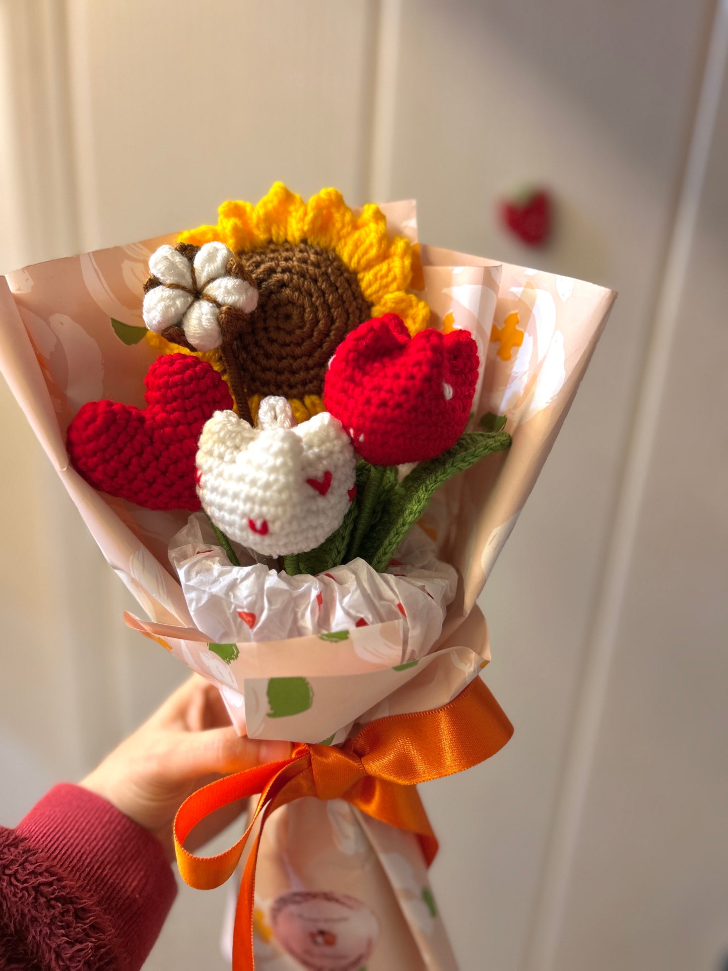 Handmade Crochet Bouquet – Sunflower, Tulip & Heart Gift Set